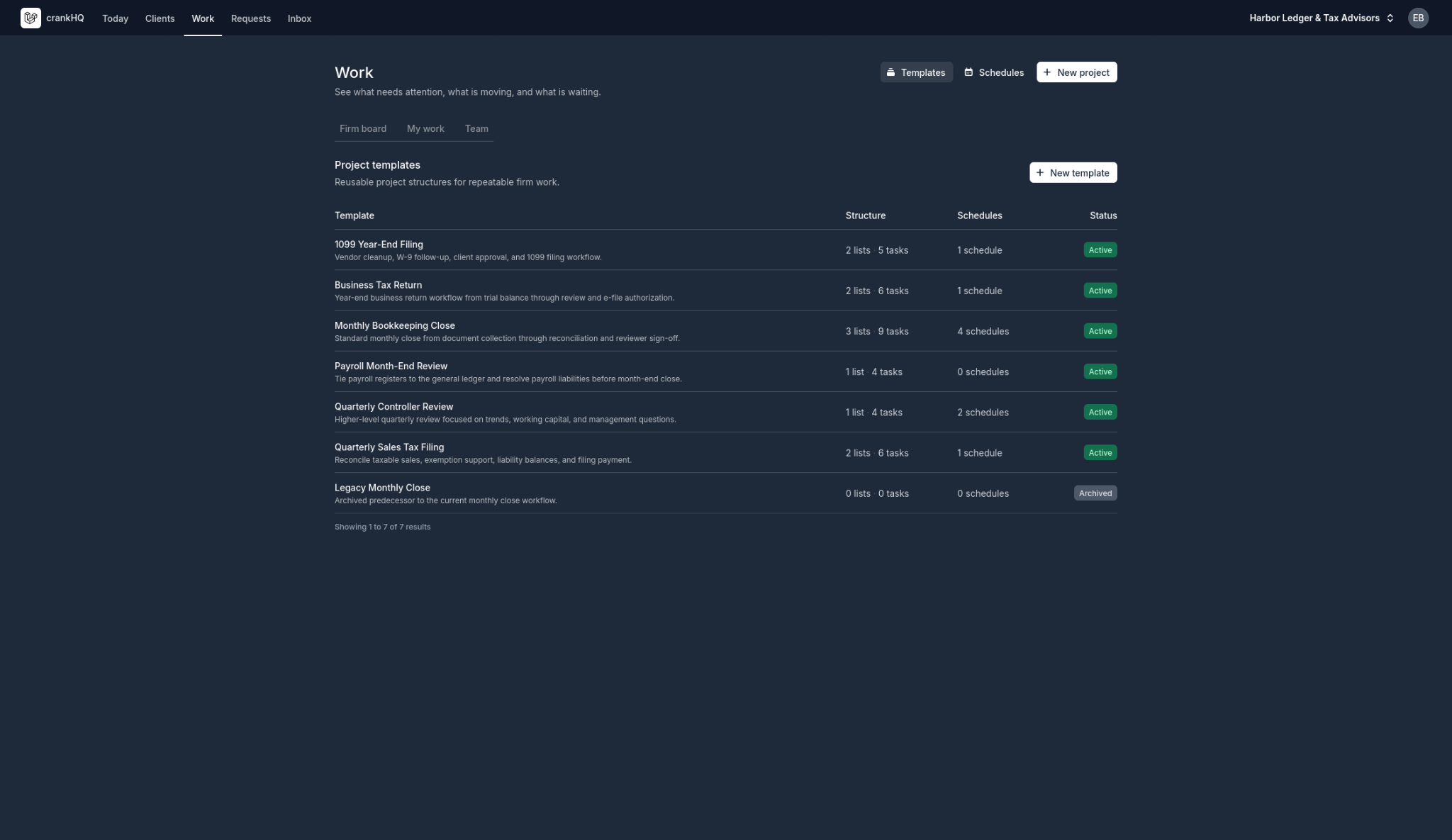 Crank project templates for bookkeeping, payroll, and tax workflows
