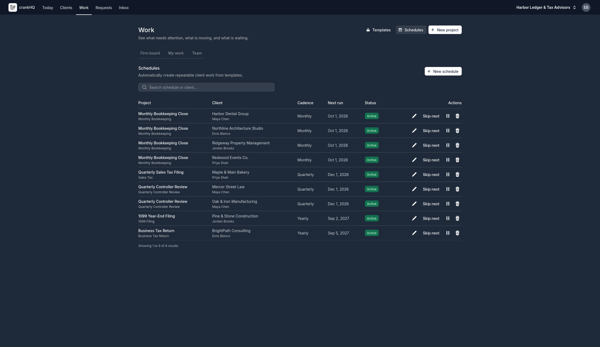 Crank work schedules showing monthly bookkeeping jobs for multiple clients