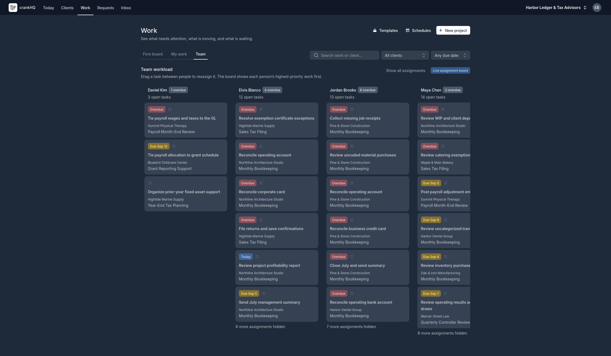 Crank team work view showing tasks assigned across client projects